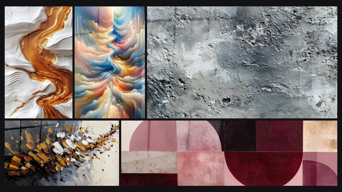Mosaico de cinco cuadros, entre ellos Explosión dinámica, Resonancia de Tonos Celestes y Abstracto gris plateado texturizado