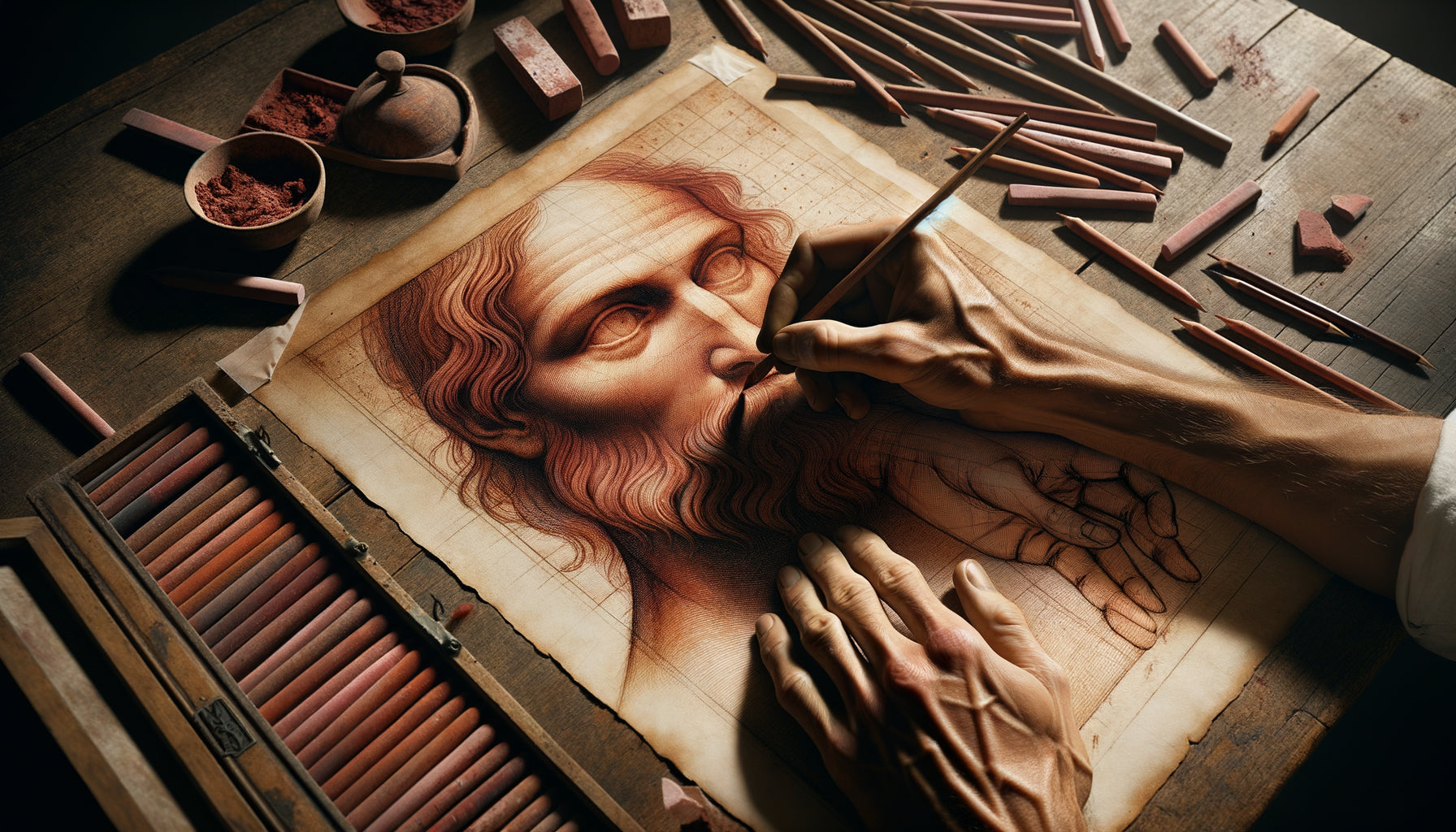 Dessin à la sanguine Renaissance montrant technique de hachures et modelé, style maîtres italiens 16ème siècle