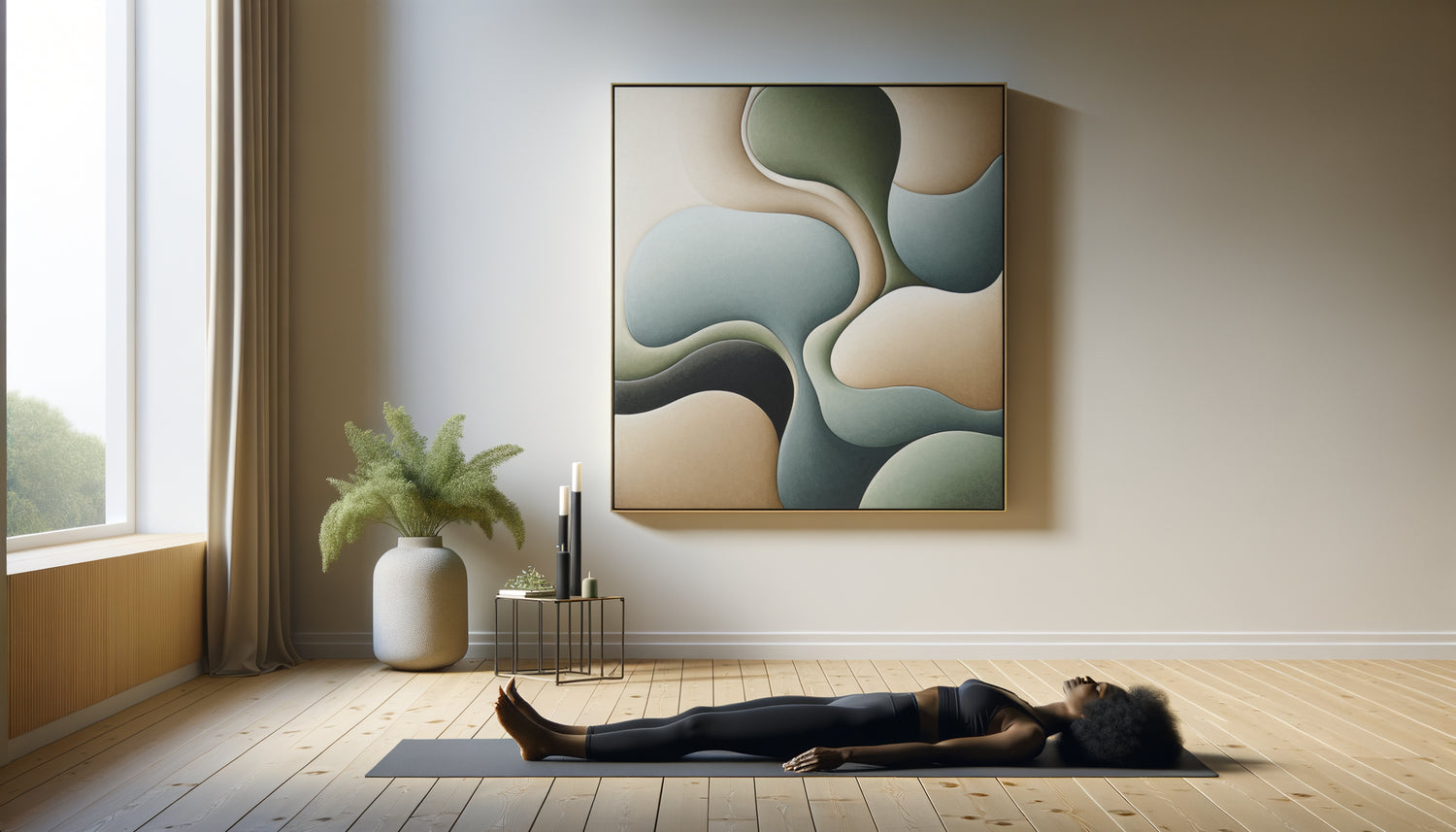 Personne en Savasana dans studio yoga contemporain avec tableau abstrait apaisant aux formes organiques bleues et vertes