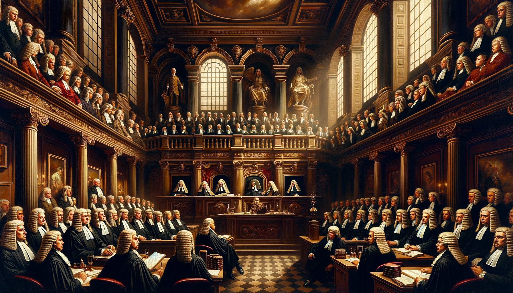 Peinture historique académique du 19ème siècle représentant une scène de tribunal avec juges, avocats en costume d'époque et architecture néoclassique