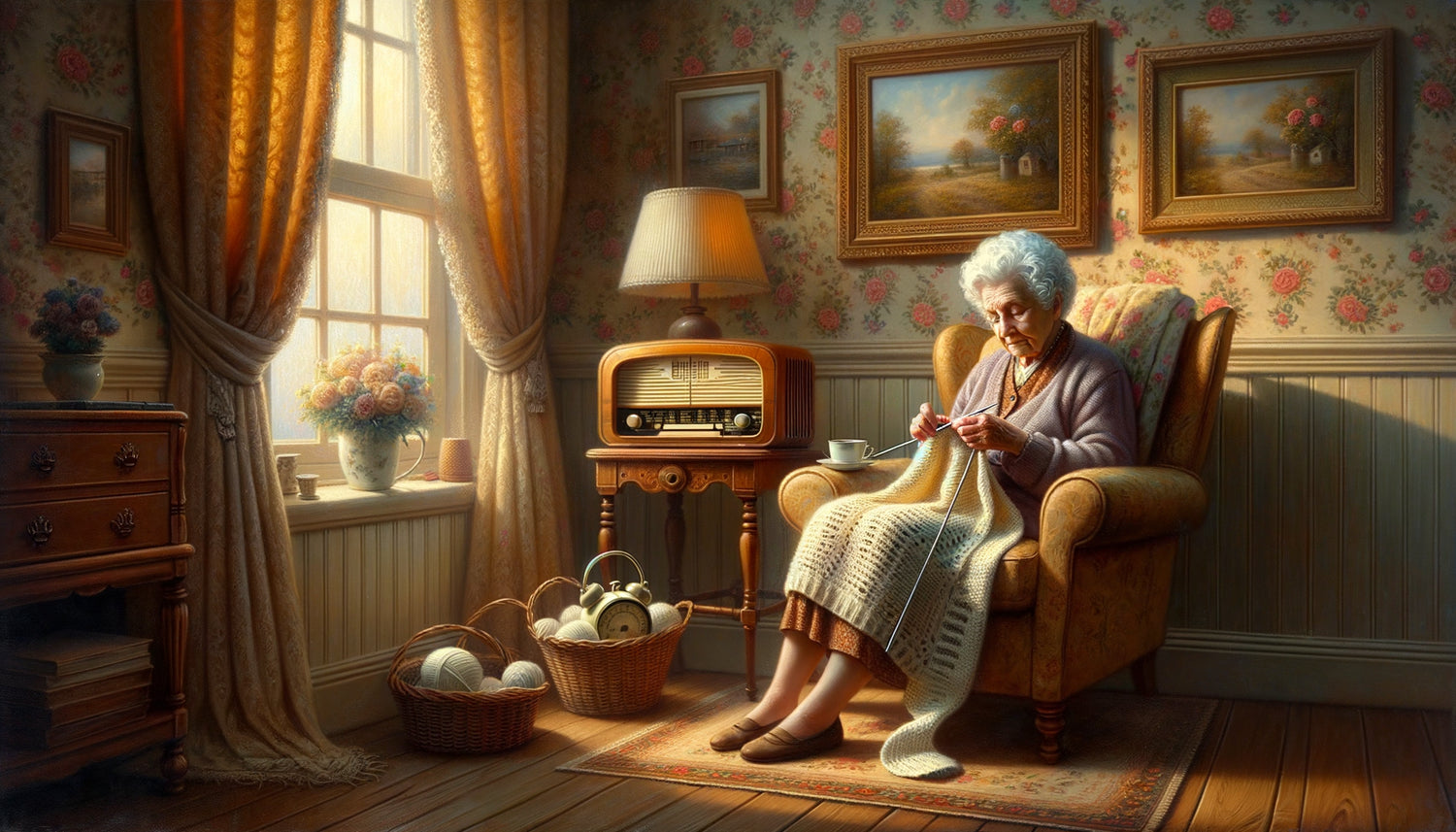 Peinture réaliste représentant une scène quotidienne apaisante des années 1950, femme âgée tricotant près d'une fenêtre