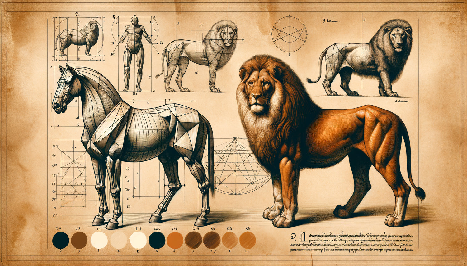 Étude Renaissance montrant la technique du scorcio appliquée aux animaux avec lignes de construction géométriques