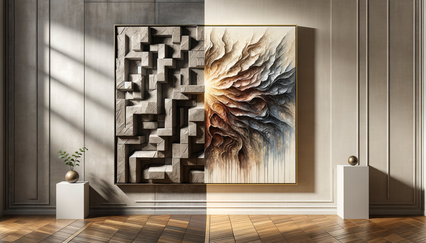 Comparaison visuelle entre sculpture murale en relief et tableau contemporain sur mur d'intérieur moderne