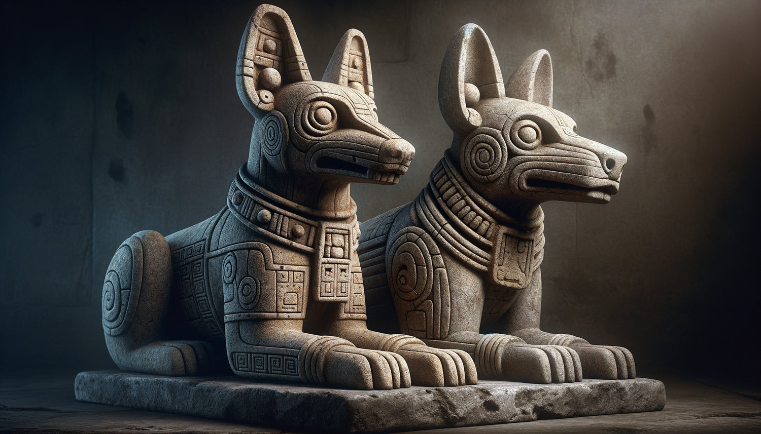 Sculptures toltèques comparatives montrant coyote et chien avec différences anatomiques précises, art précolombien mésoaméricain 10-11ème siècle