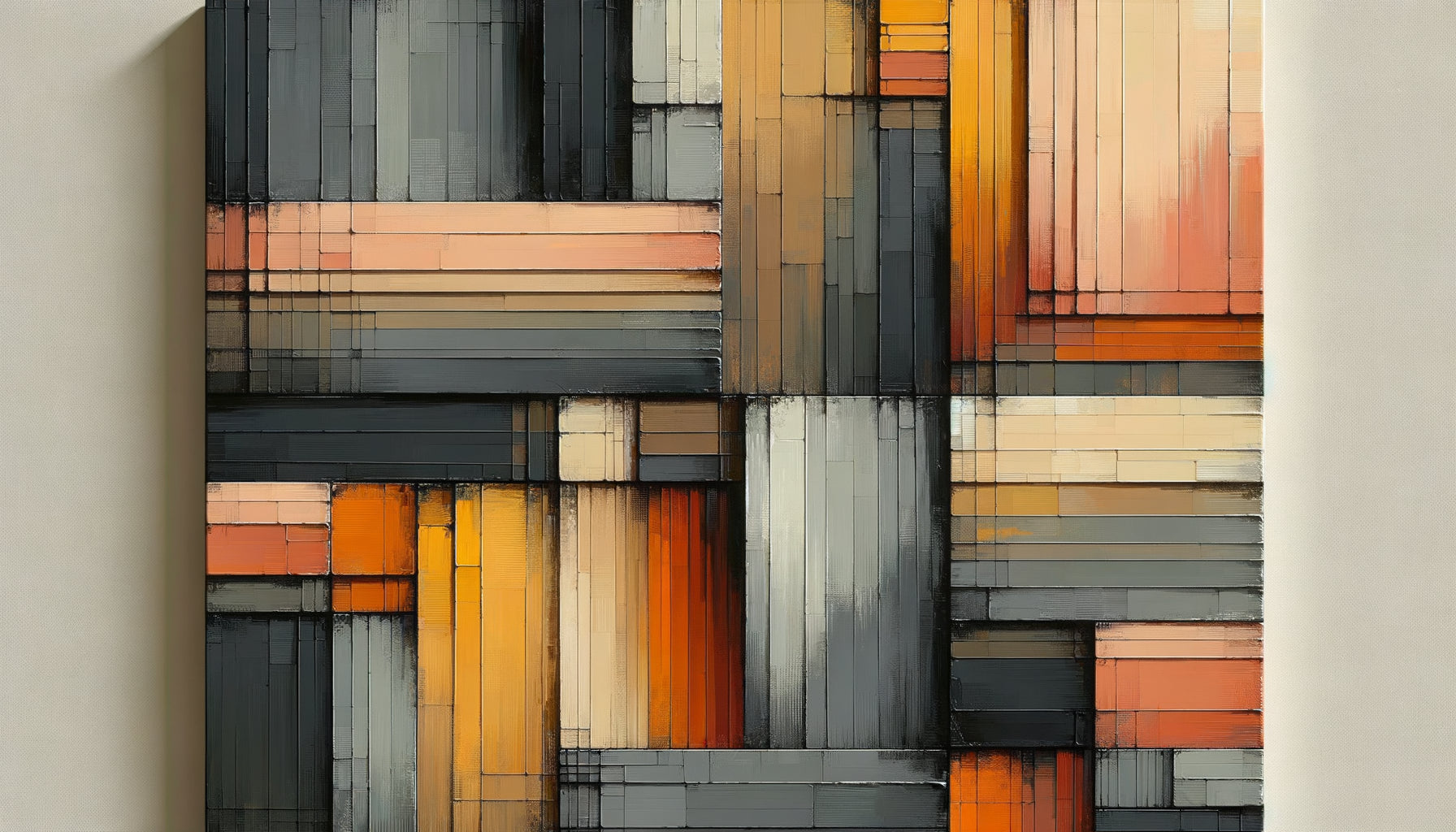 Peinture abstraite style Sean Scully avec bandes colorées superposées, technique par strates, texture épaisse et irrégularités chromatiques