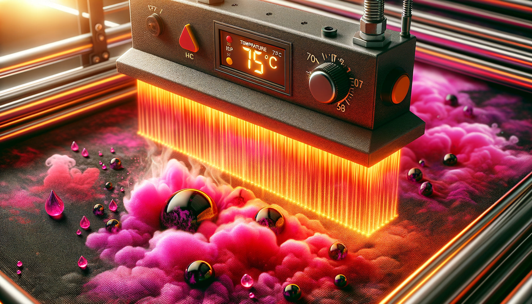 Processus de séchage thermique d'encres sur tableau mural de mode, température optimale 60-90°C, fixation des couleurs