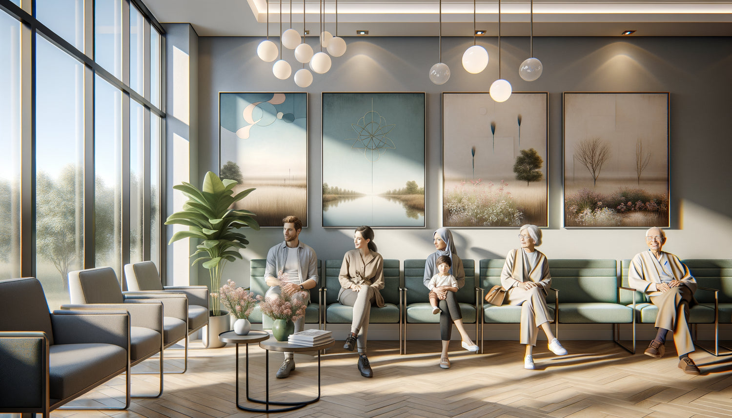 Salle d'attente médicale moderne avec patients de différentes générations et œuvres d'art apaisantes universelles aux murs