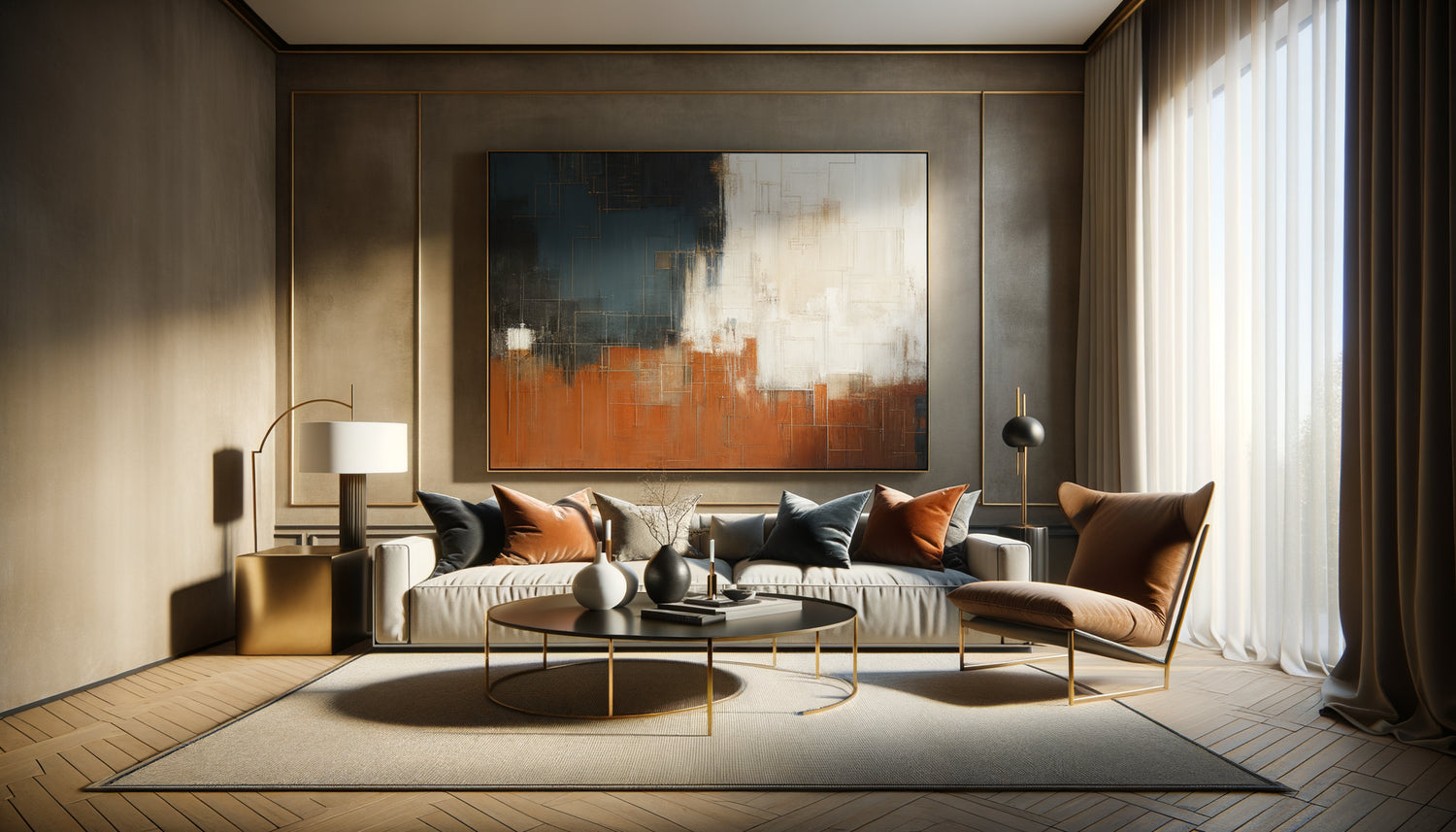 Salon contemporain avec grand tableau abstrait comme pièce maîtresse au-dessus du canapé, palette harmonieuse