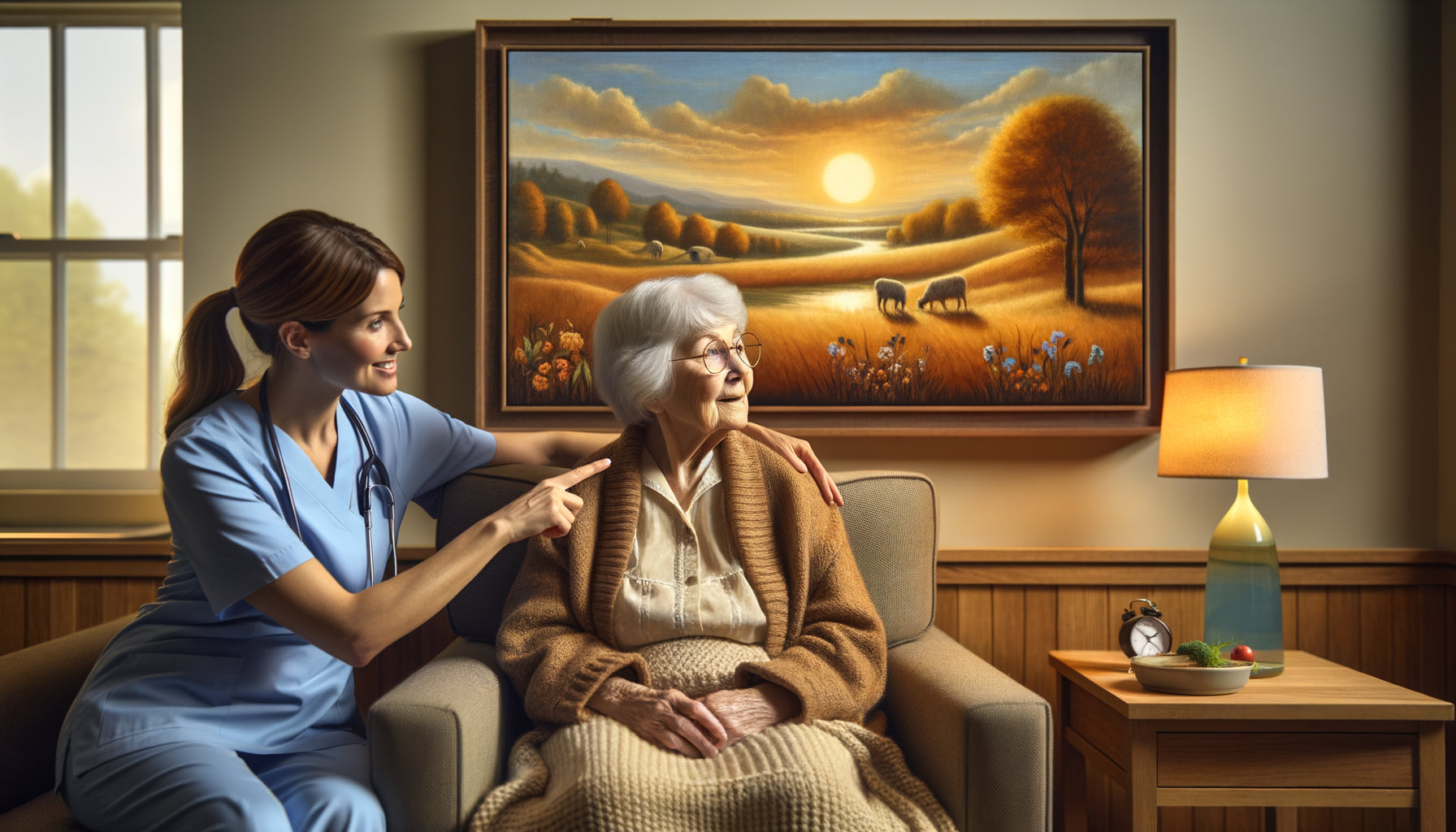 Personne âgée atteinte de démence contemplant un tableau thérapeutique aux couleurs apaisantes avec accompagnement bienveillant