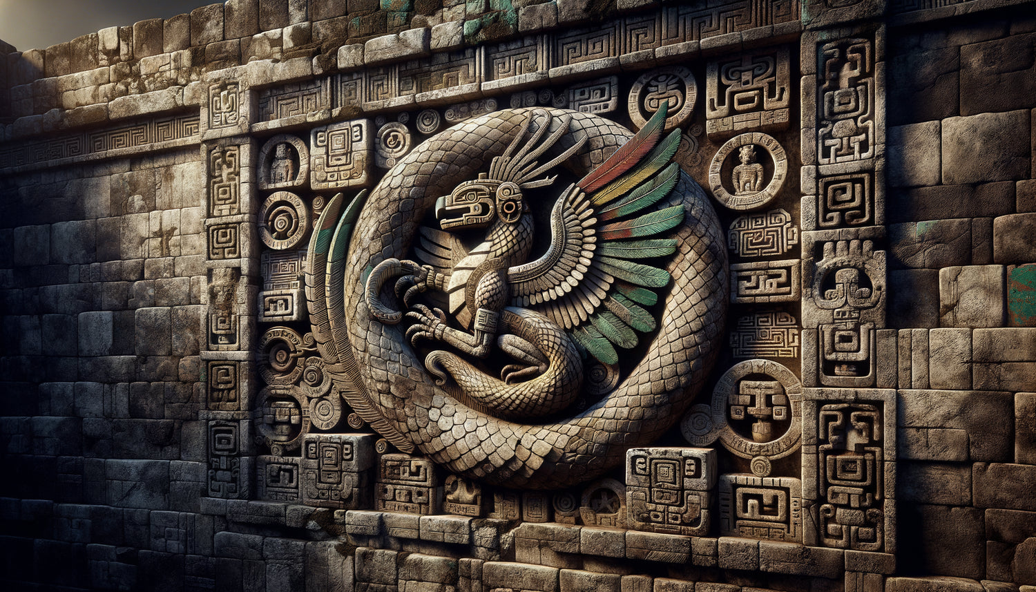 Relief mural méso-américain précolombien représentant un serpent à plumes sculpté sur pyramide aztèque-maya avec glyphes sacrés
