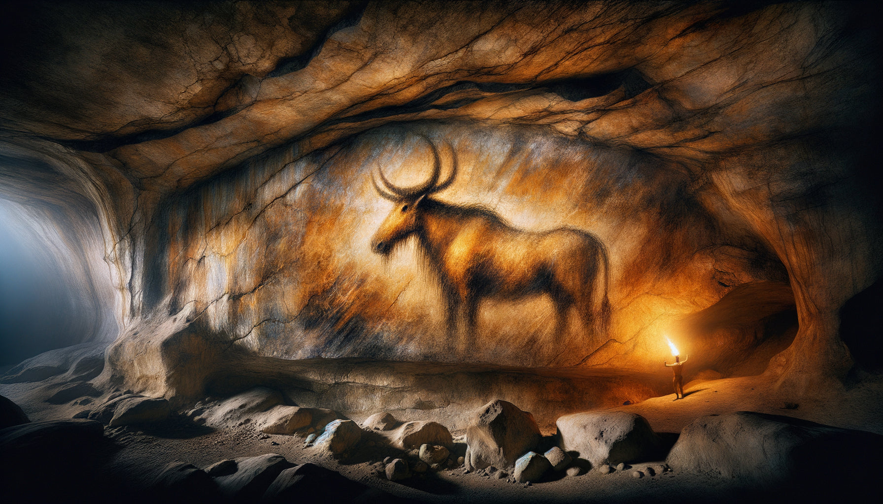 Peinture pariétal paléolithique de Chauvet montrant un animal avec technique sfumato, contours estompés sur paroi rocheuse, 32000 avant J.C.