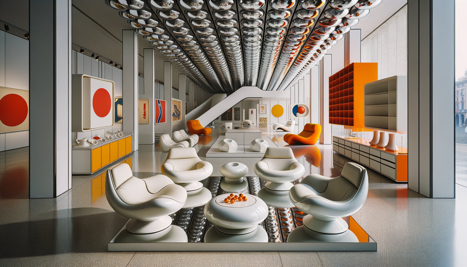 Showroom milanais années 60-70 exposant mobilier futuriste italien design radical Space Age couleurs vives plastique moulé