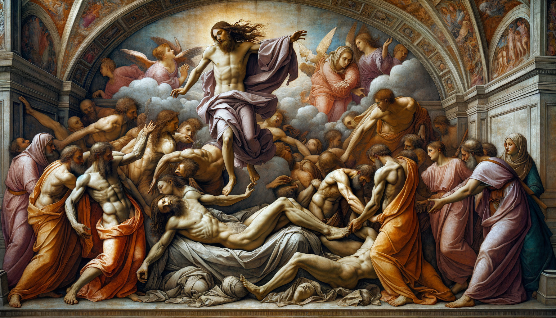 Détail de fresque Renaissance de Signorelli à Orvieto montrant l'anatomie humaine avec précision chirurgicale, corps en mouvement dynamique