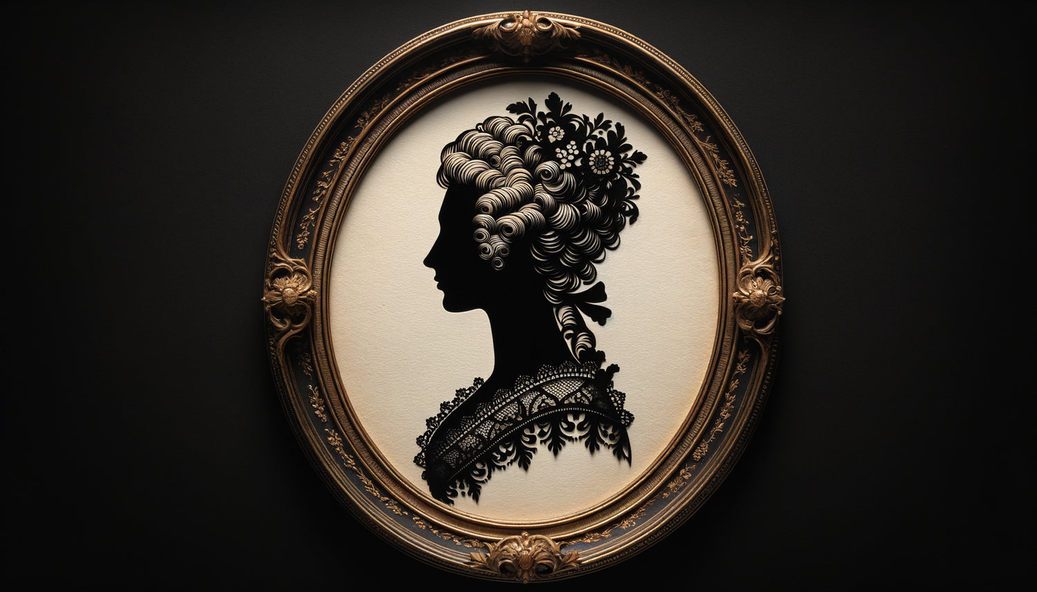 Portrait en silhouette du XVIIIe siècle, profil découpé en papier noir pur sur fond clair dans cadre doré d'époque