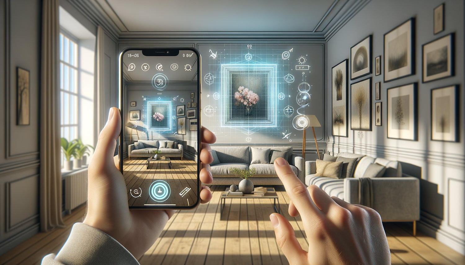 Application de réalité augmentée projetant virtuellement des tableaux sur un mur d'intérieur contemporain via smartphone