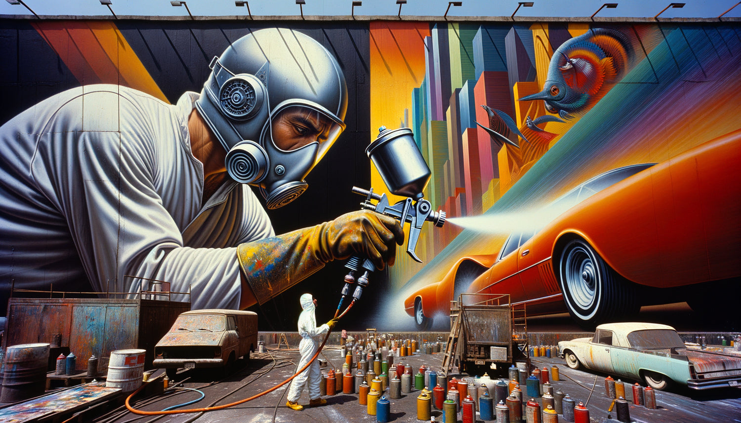 David Alfaro Siqueiros utilisant un pistolet industriel pour créer une fresque murale avec des laques automobiles, années 1950