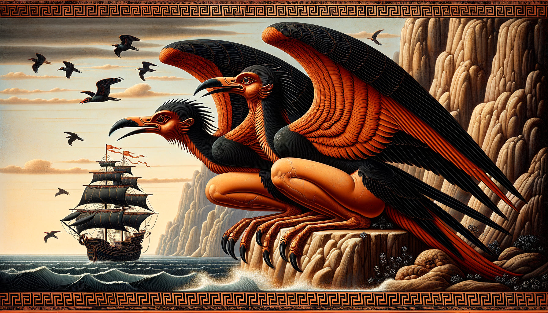 Sirènes ailées femmes-oiseaux sur céramique grecque archaïque VIe siècle av. J.-C., style figure noire