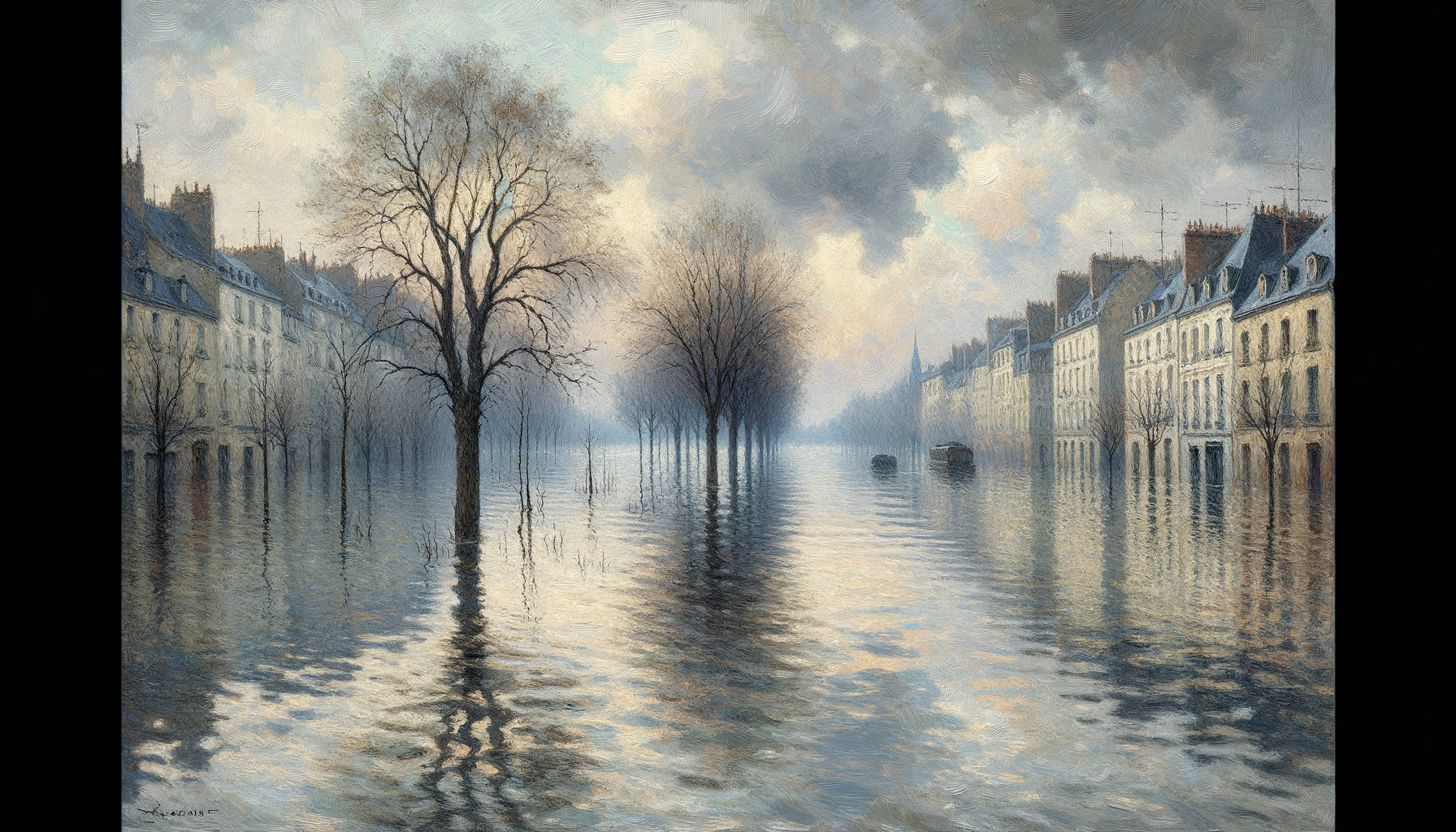 Paysage d'inondation impressionniste style Alfred Sisley, eaux calmes argentées, arbres submergés, lumière douce hivernale, technique 1870s