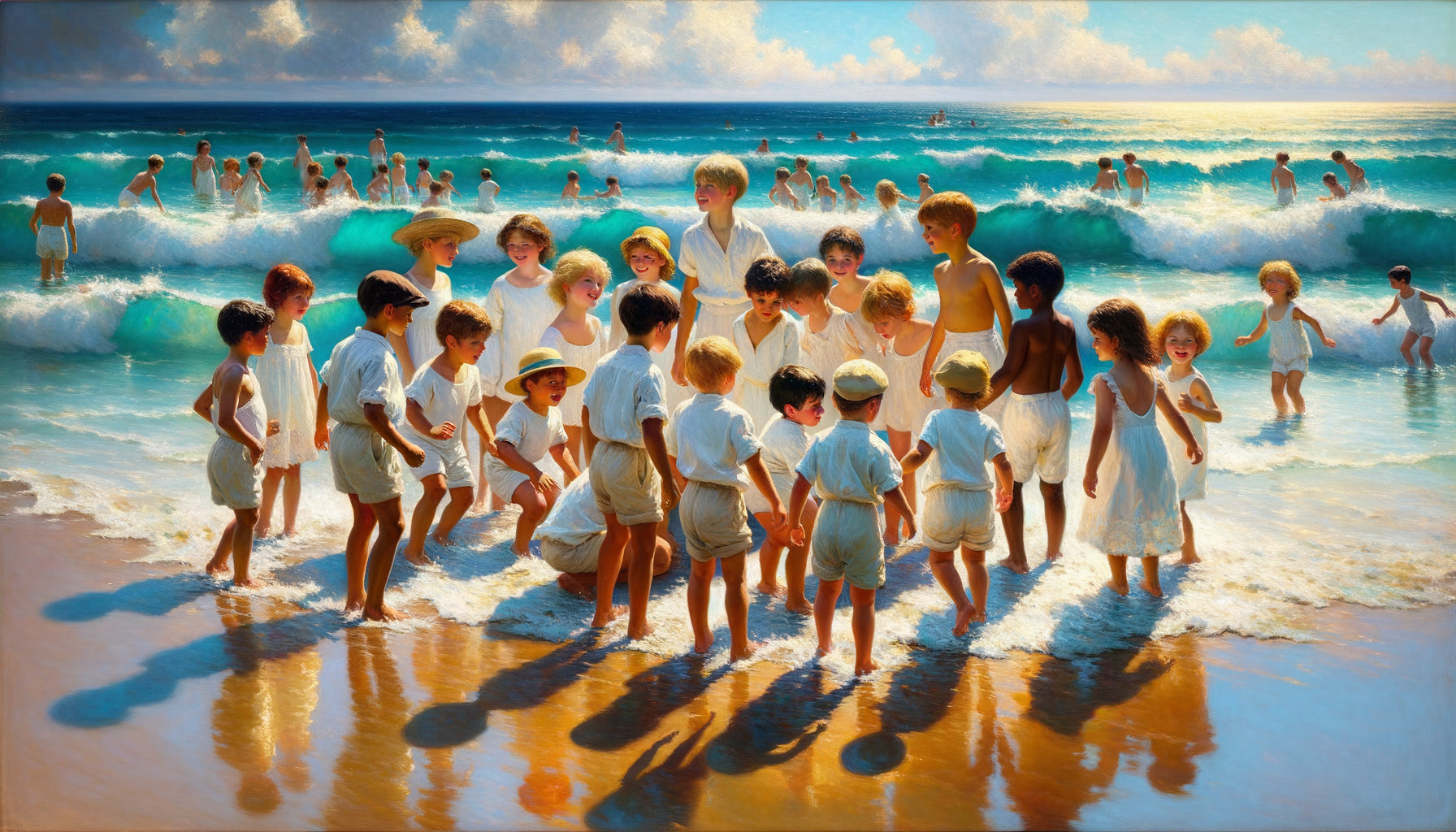 Peinture luministe de Joaquín Sorolla montrant enfants sur plage méditerranéenne baignés de lumière naturelle apaisante