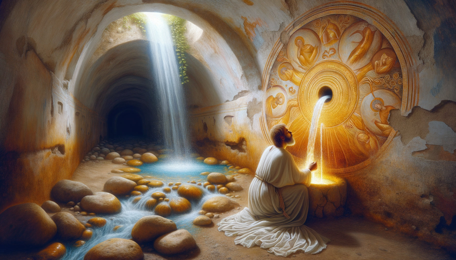 Fresque paléochrétienne représentant une source d'eau vive sacrée avec figure agenouillée, symbolisme de régénération spirituelle