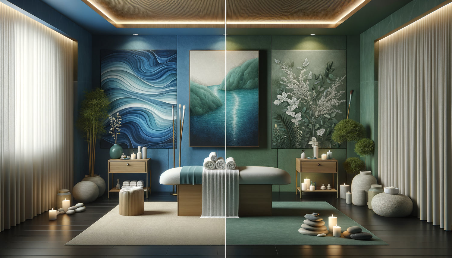 Salle de spa contemporaine illustrant la dualité entre décoration aux tons bleus apaisants et verts régénérants avec tableaux assortis