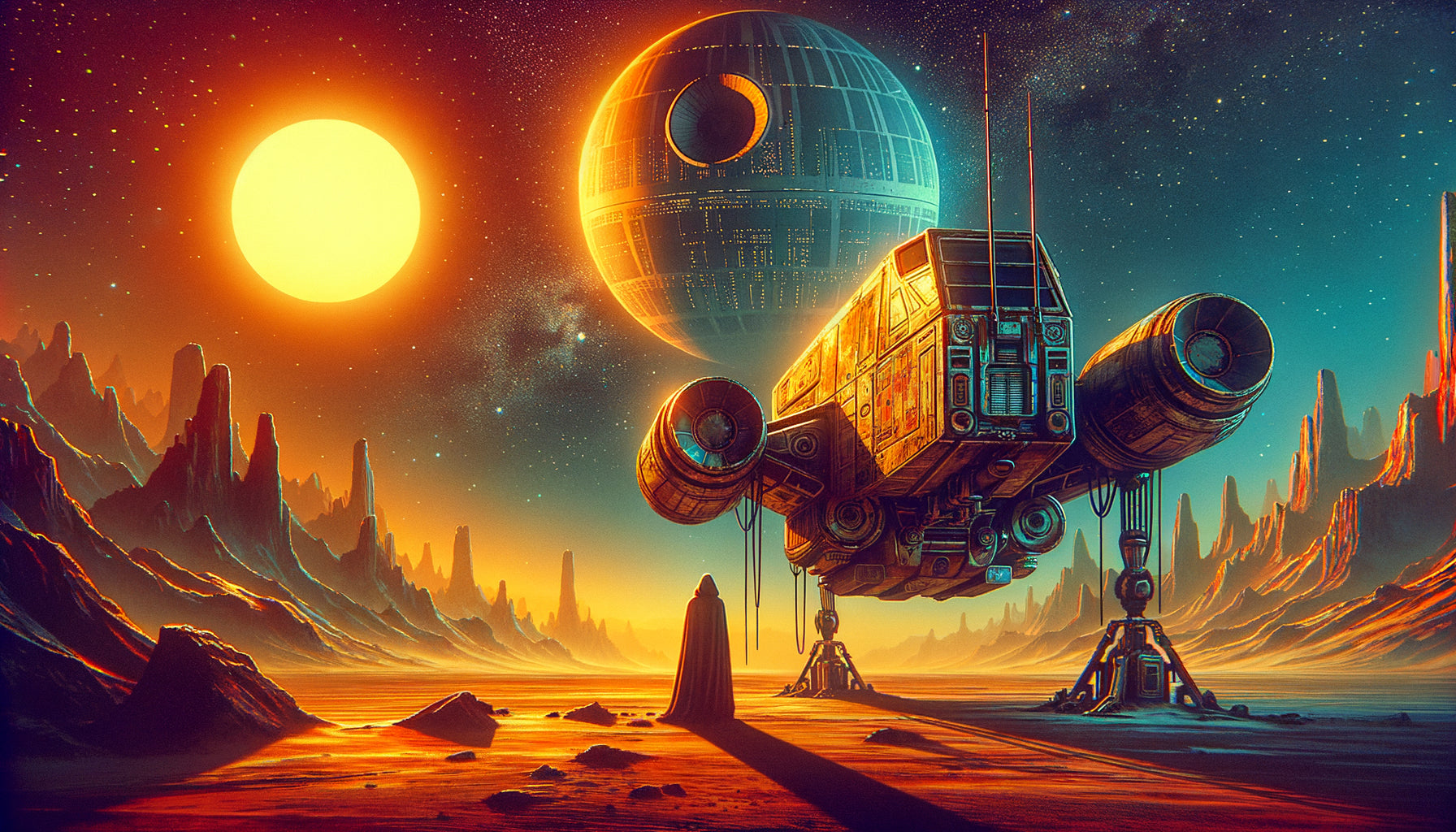 Illustration Space Art vintage années 70 style Ralph McQuarrie, planète désertique et vaisseau spatial usé, esthétique rétro-futuriste Star Wars