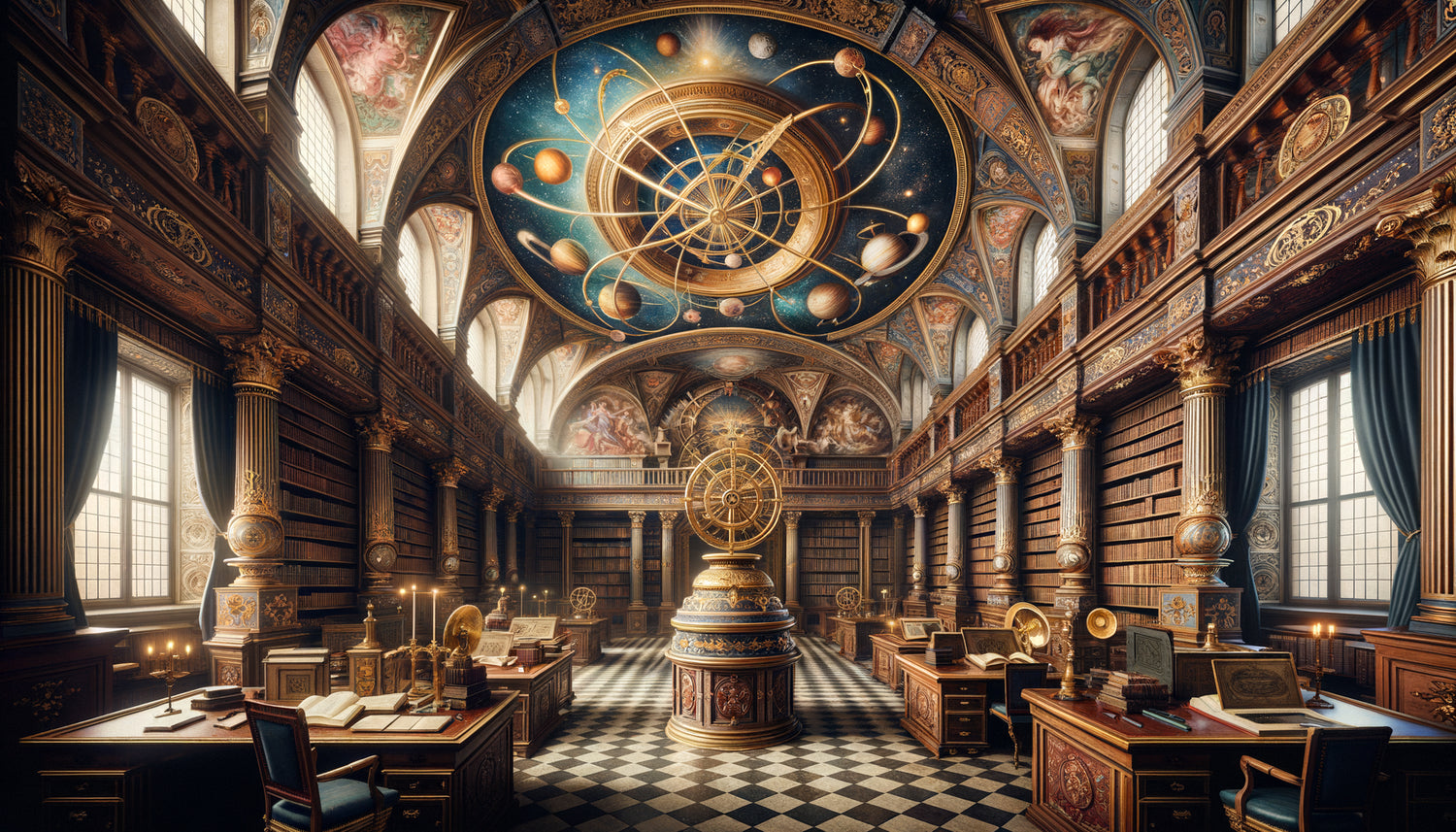 Bibliothèque scientifique baroque du XVIIe siècle avec fresques murales représentant des sphères armillaires dorées et symboles cosmologiques