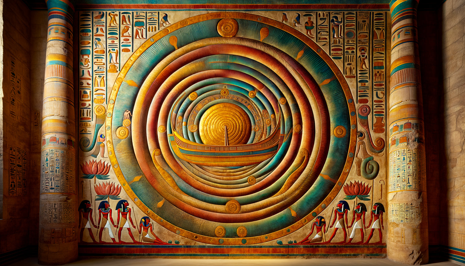 Fresque murale égyptienne antique de la vallée du Nil avec motifs de spirales symbolisant le cycle de vie et le parcours solaire