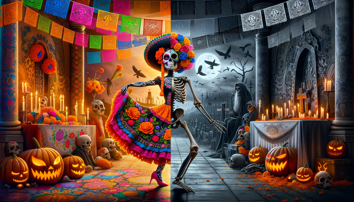 Contraste culturel entre squelette festif mexicain coloré du Día de los Muertos et squelette effrayant américain d'Halloween sombre