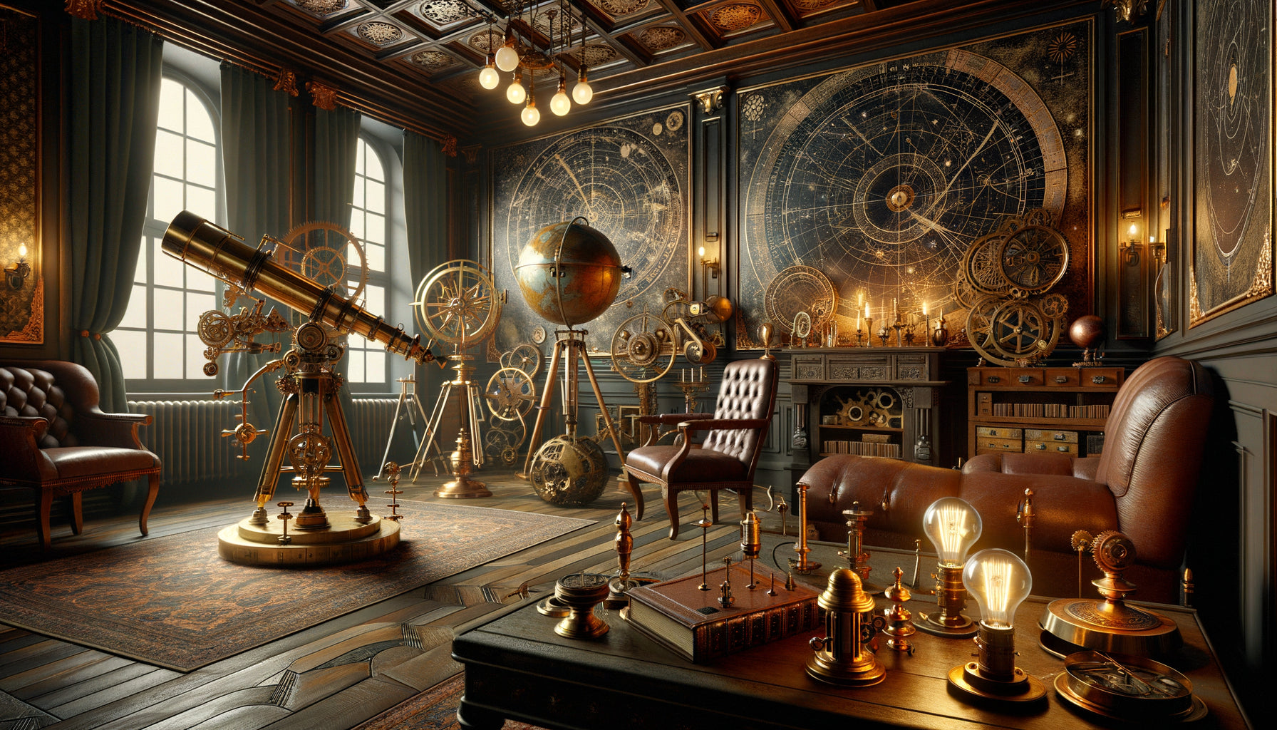Décoration intérieure steampunk spatial avec télescopes en cuivre, cartes célestes anciennes et globe céleste mécanique dans une ambiance victorienne