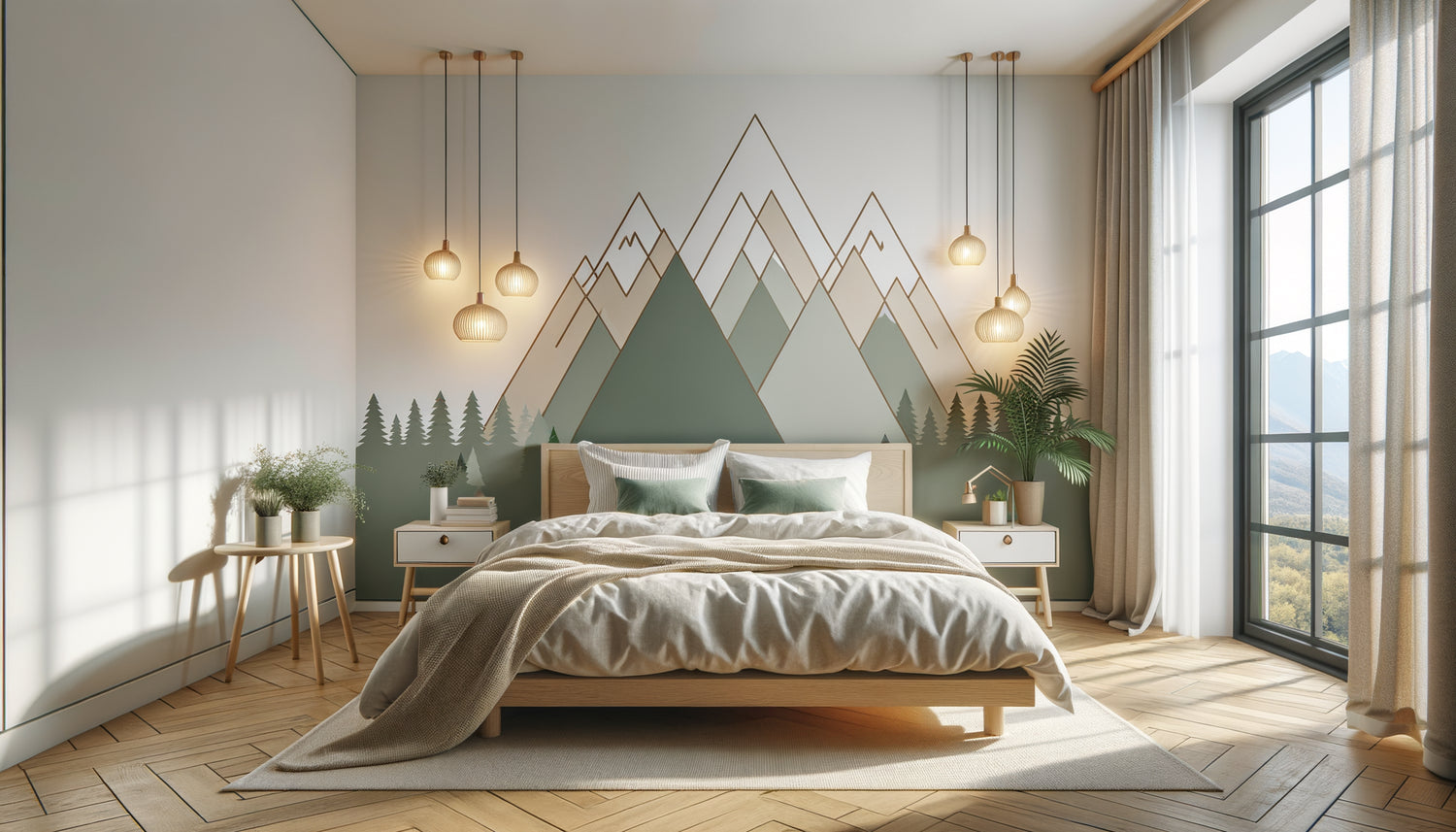 Chambre de location Airbnb moderne avec stickers muraux décoratifs géométriques, design scandinave accueillant et photographiable