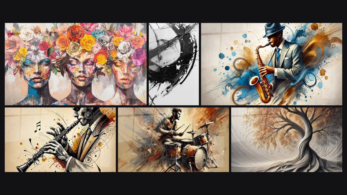 Mosaico di sei quadri, tra cui Le Muse Fiorite, La Frattura del Tempo e Clarinetto N°1