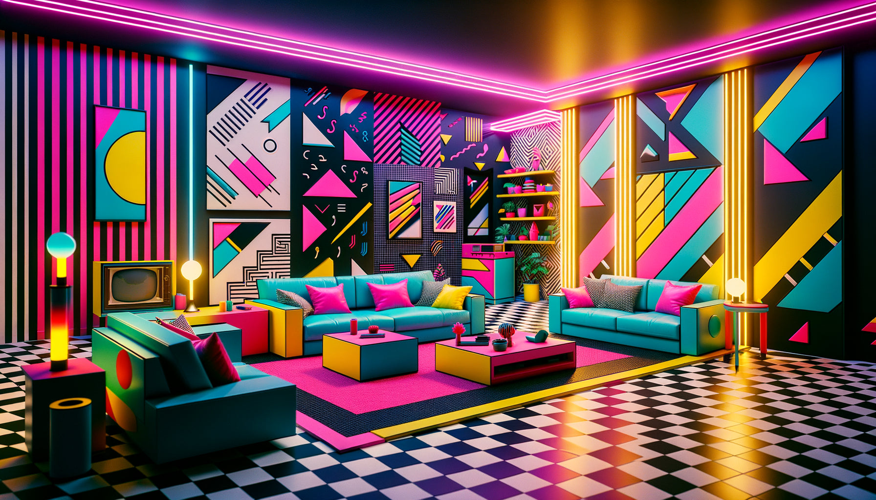 Intérieur authentique années 80 style Memphis avec formes géométriques audacieuses, néons colorés et palette électrique rose-cyan