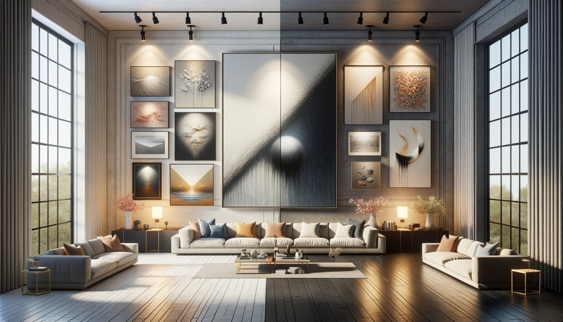 Comparaison visuelle entre un tableau exceptionnel unique et une collection diversifiée d'œuvres moyennes dans un intérieur de collectionneur