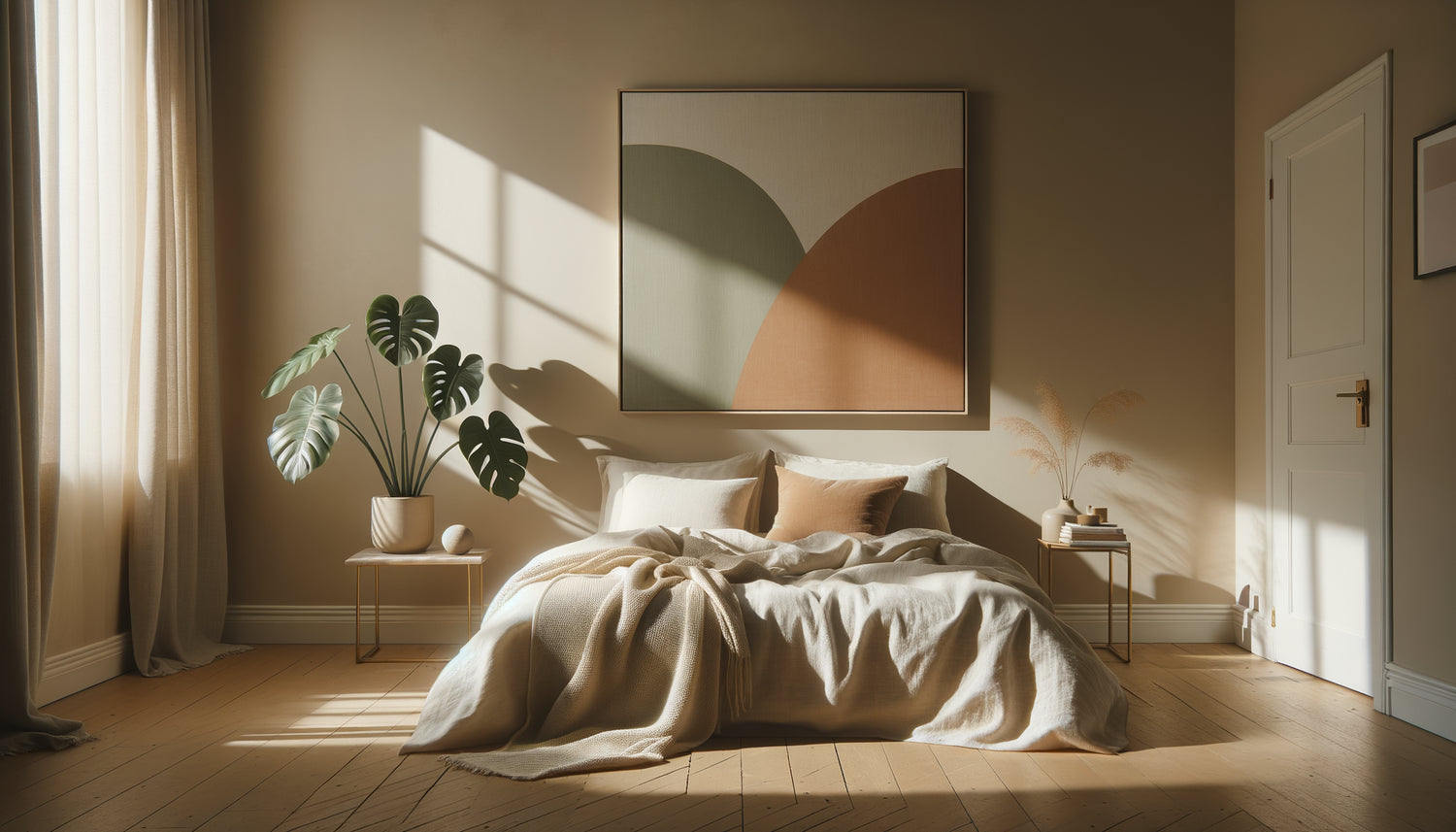 Chambre minimaliste contemporaine avec tableau abstrait photographiée pour Instagram, palette terracotta et sauge, lumière naturelle douce