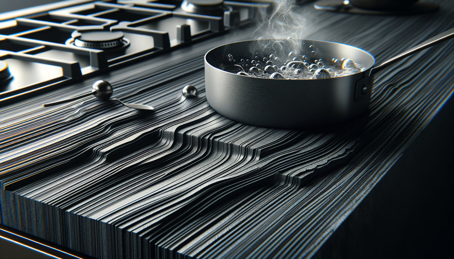 Plan de travail en stratifié HPL haute température résistant à la chaleur d'une casserole brûlante en cuisine professionnelle