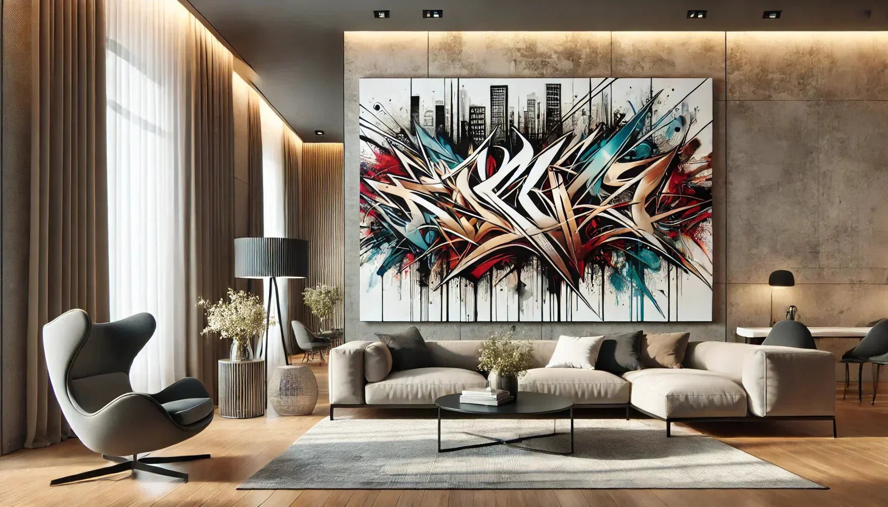 Un tableau street art abstrait accroché dans un salon contemporain, mettant en valeur des couleurs dynamiques et un design urbain moderne, idéal pour une décoration tendance et expressive.
