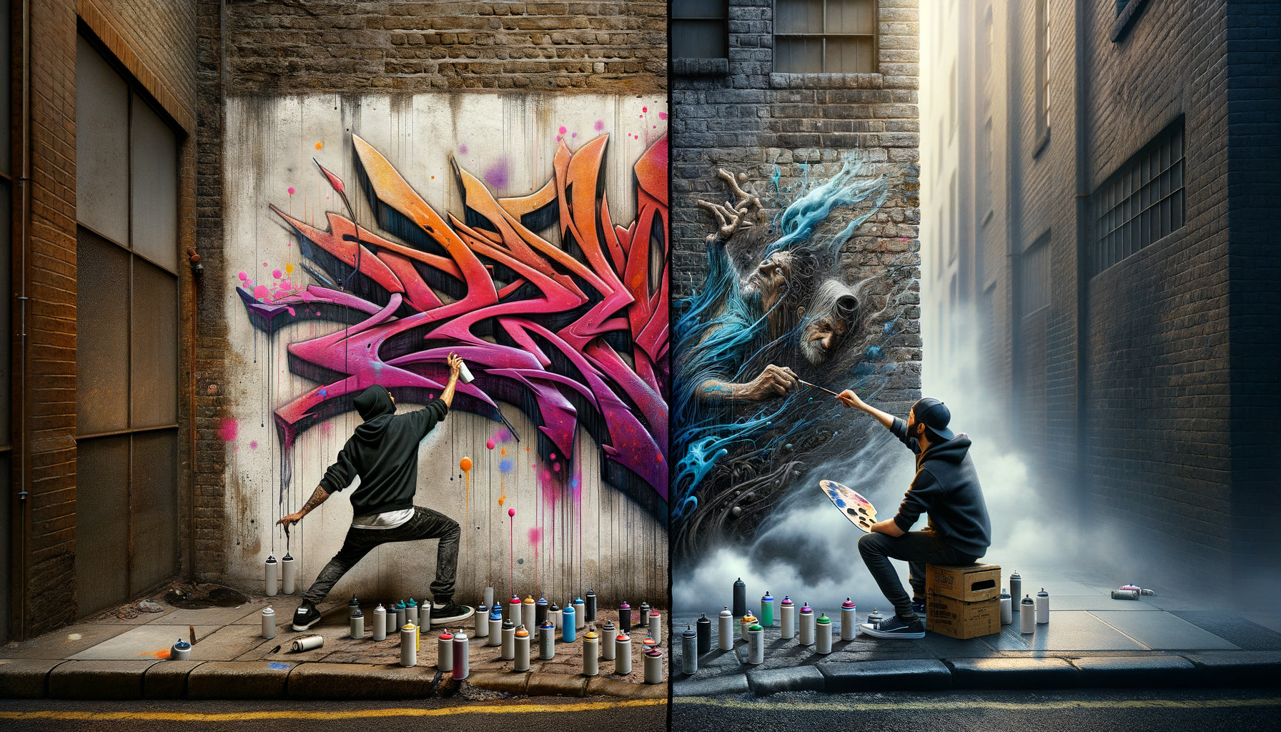 Comparaison visuelle entre technique bombe aérosol et acrylique en street art contemporain sur mur urbain