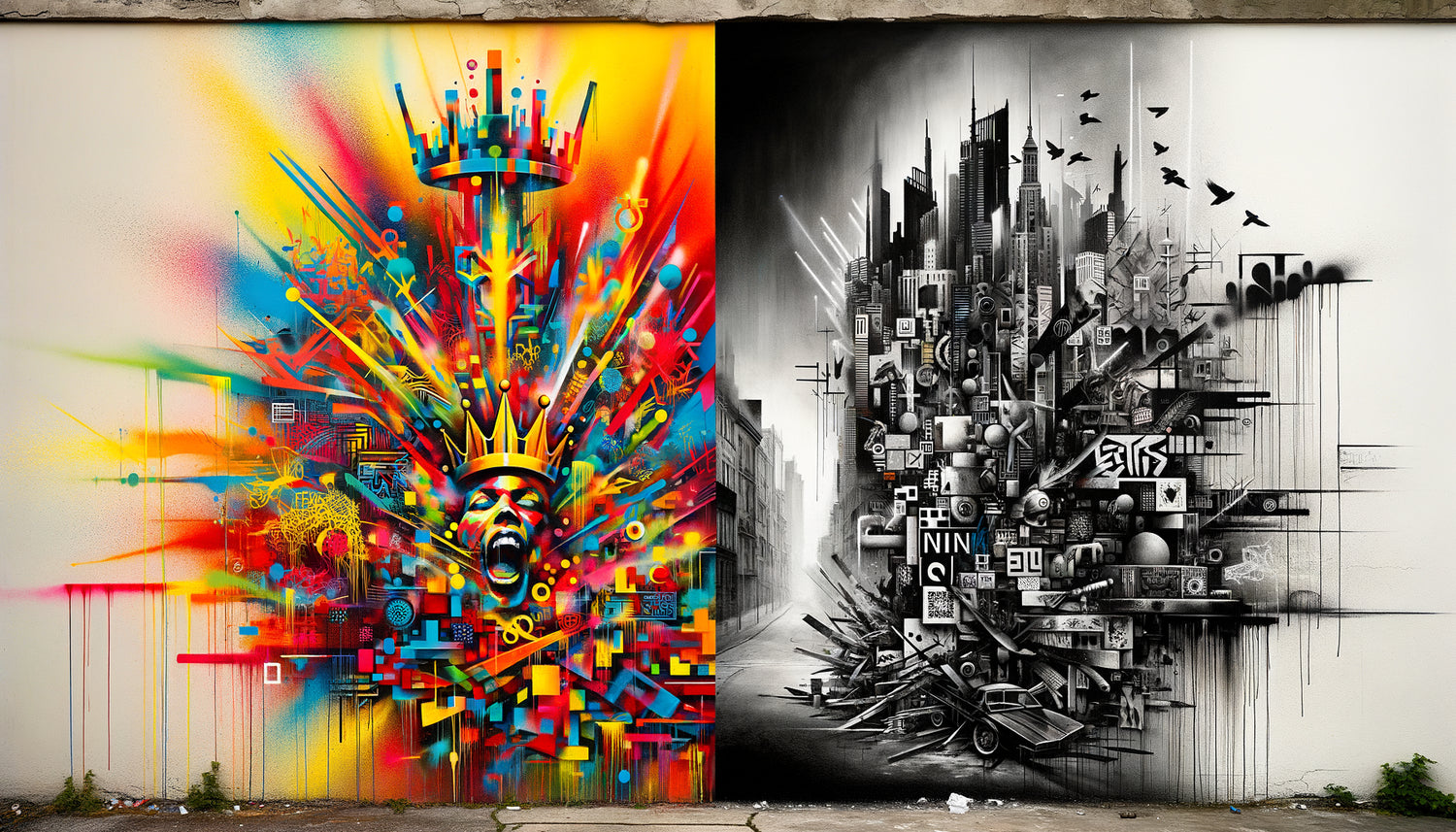 Comparaison street art : œuvre colorée style Basquiat versus pochoir monochrome style Banksy sur mur urbain
