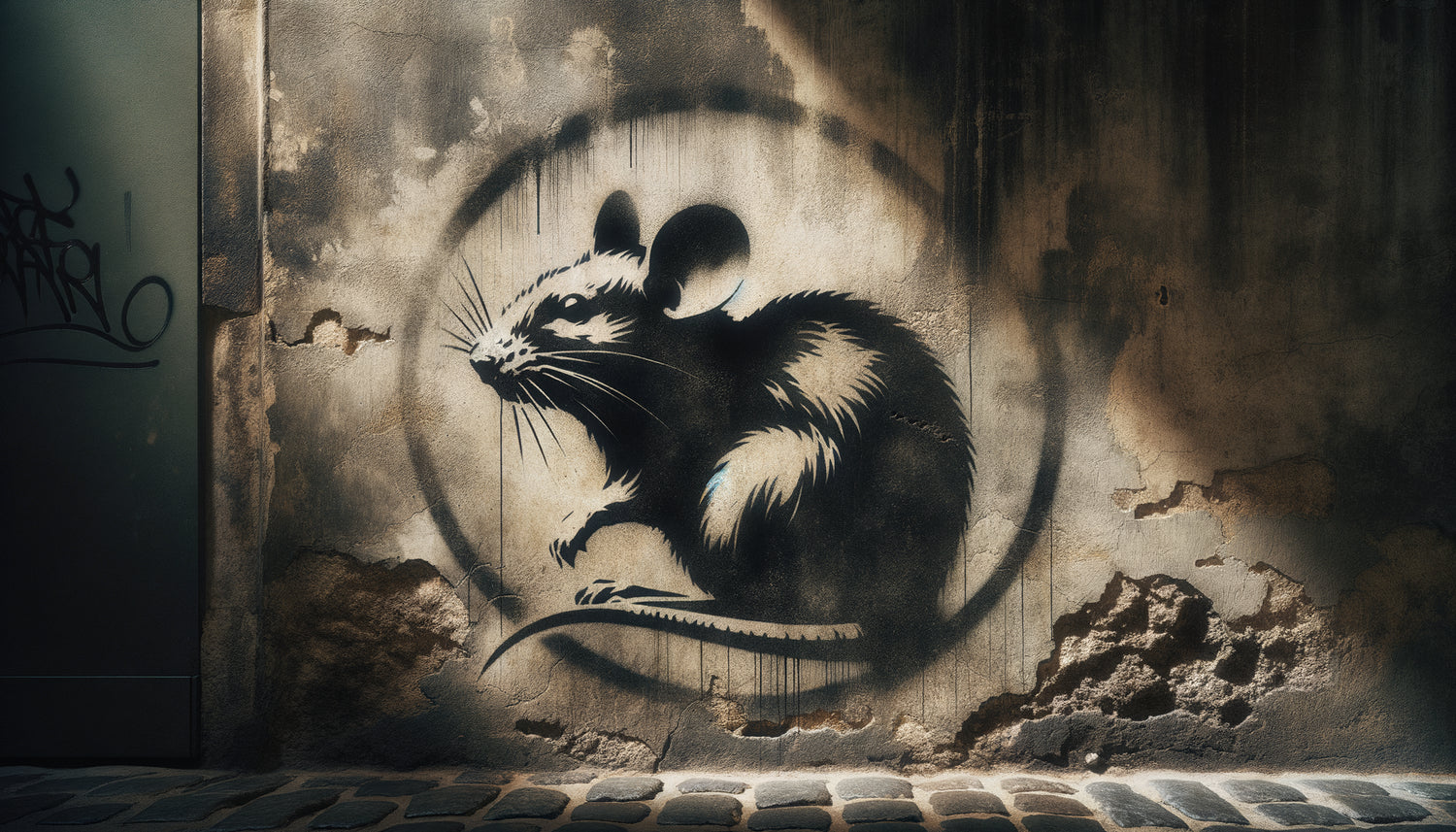 Œuvre street art français au pochoir style Blek le Rat sur mur urbain patiné, technique authentique art urbain contemporain