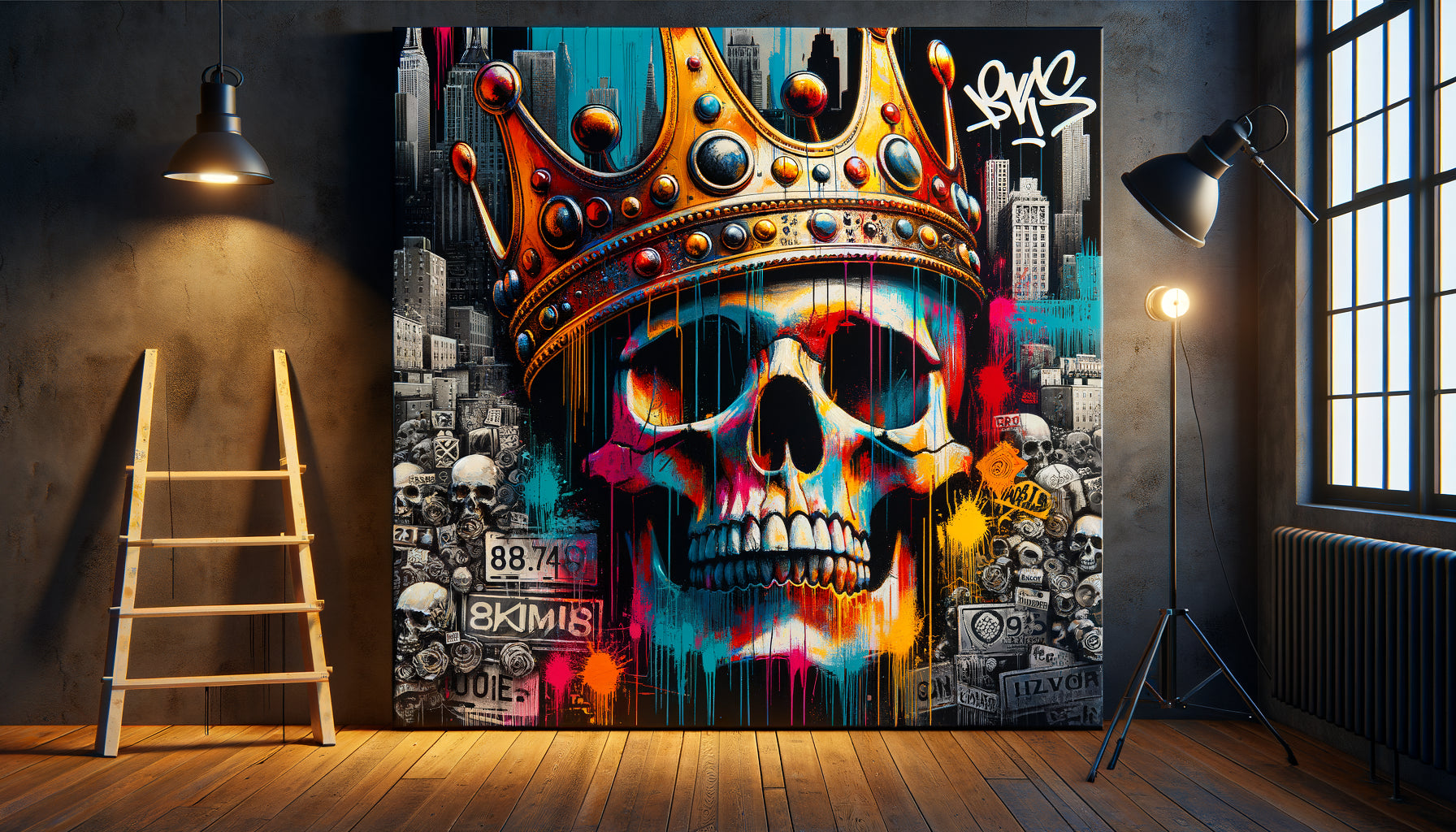 Peinture street art new-yorkais style Basquiat avec couronne, crâne et typographie urbaine en couleurs vives