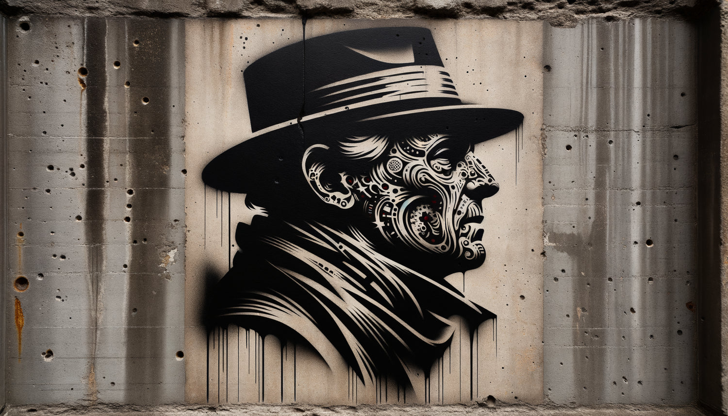 Œuvre street art au pochoir style Banksy sur mur béton, technique spray paint détaillée, esthétique urbaine contemporaine