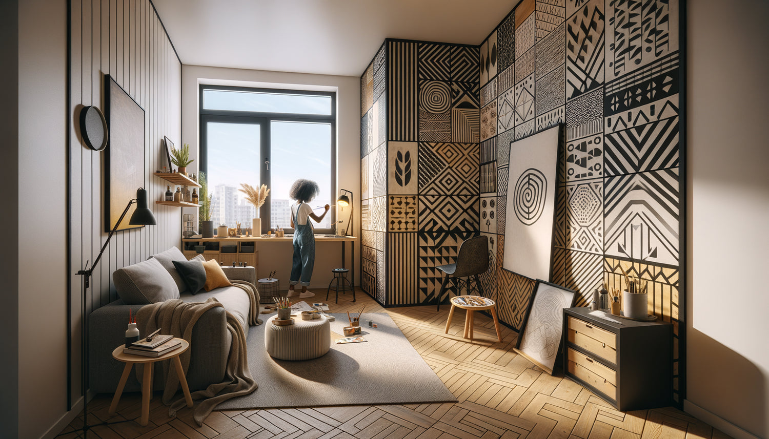 Artiste créant une œuvre murale personnalisée sur mesure dans un petit studio contemporain de 28m²