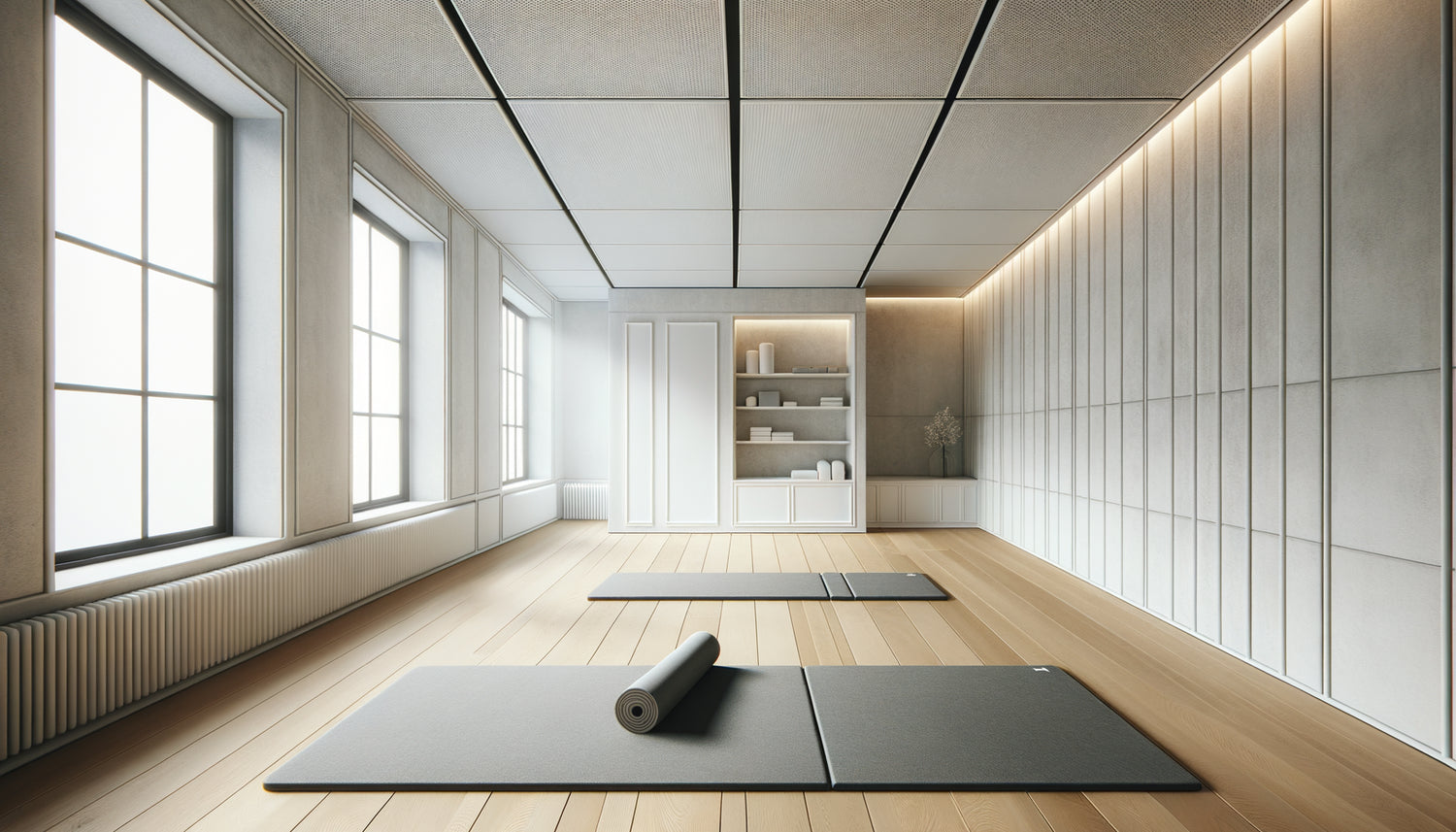 Studio de Pilates mat contemporain minimaliste avec murs blancs épurés et lumière naturelle douce