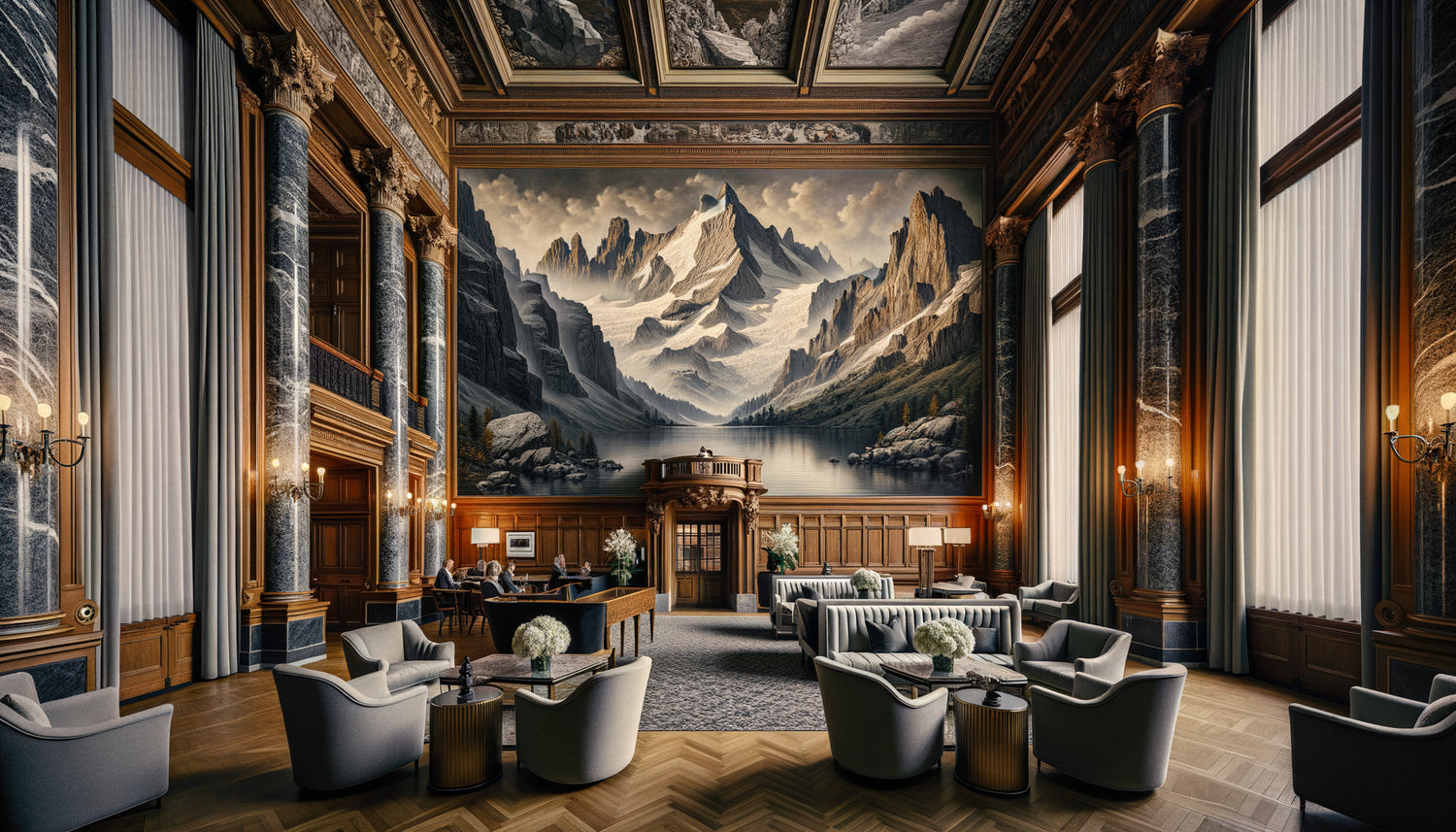 Hall de palace alpin suisse avec fresque monumentale Belle Époque, abstraction minérale contemporaine et photographie d'altitude contemplative