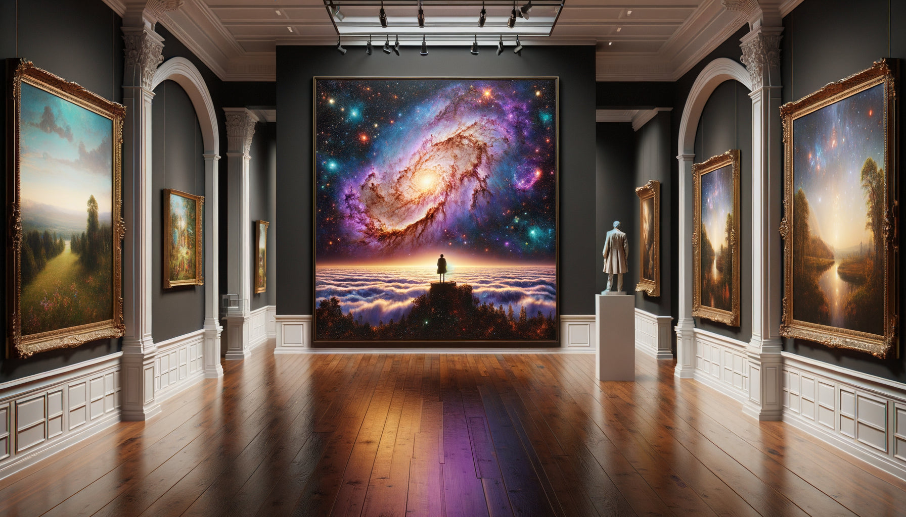 Comparaison entre peinture romantique de Friedrich et photographie de nébuleuse Hubble illustrant l'évolution du sublime cosmique dans l'art