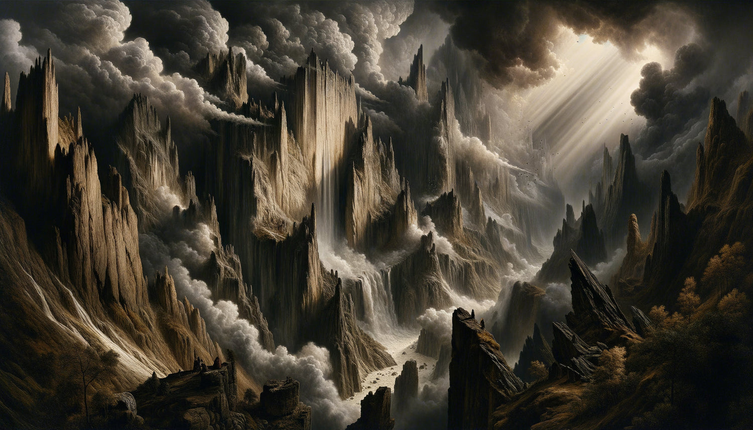 Peinture à l'huile du XVIIIe siècle représentant un paysage de montagnes terrifiantes et sublimes avec précipices vertigineux et tempête