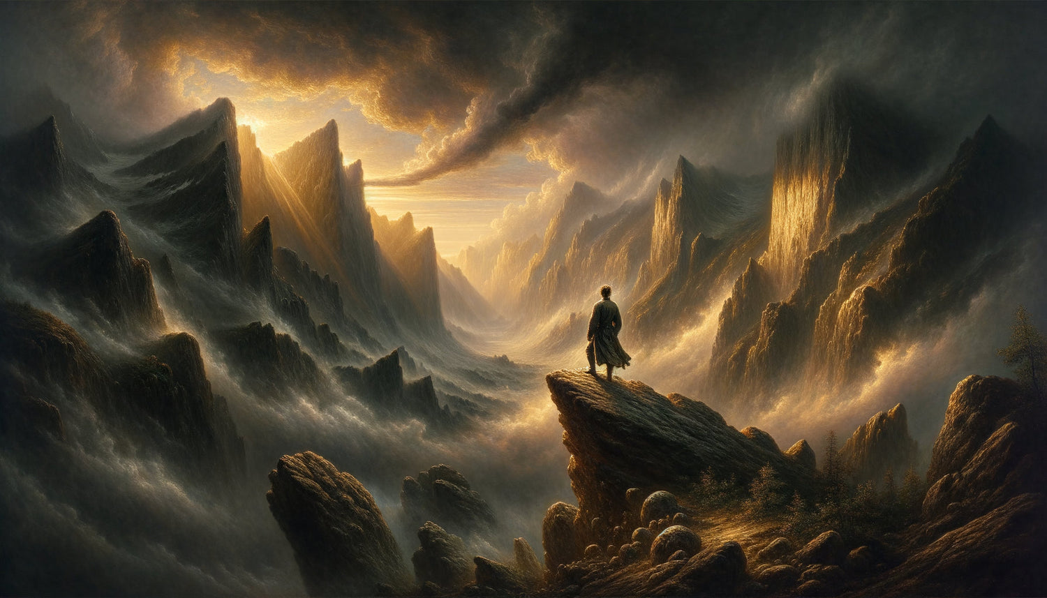 Peinture romantique style Turner-Friedrich montrant un voyageur solitaire face à l'immensité sublime des montagnes brumeuses, circa 1830