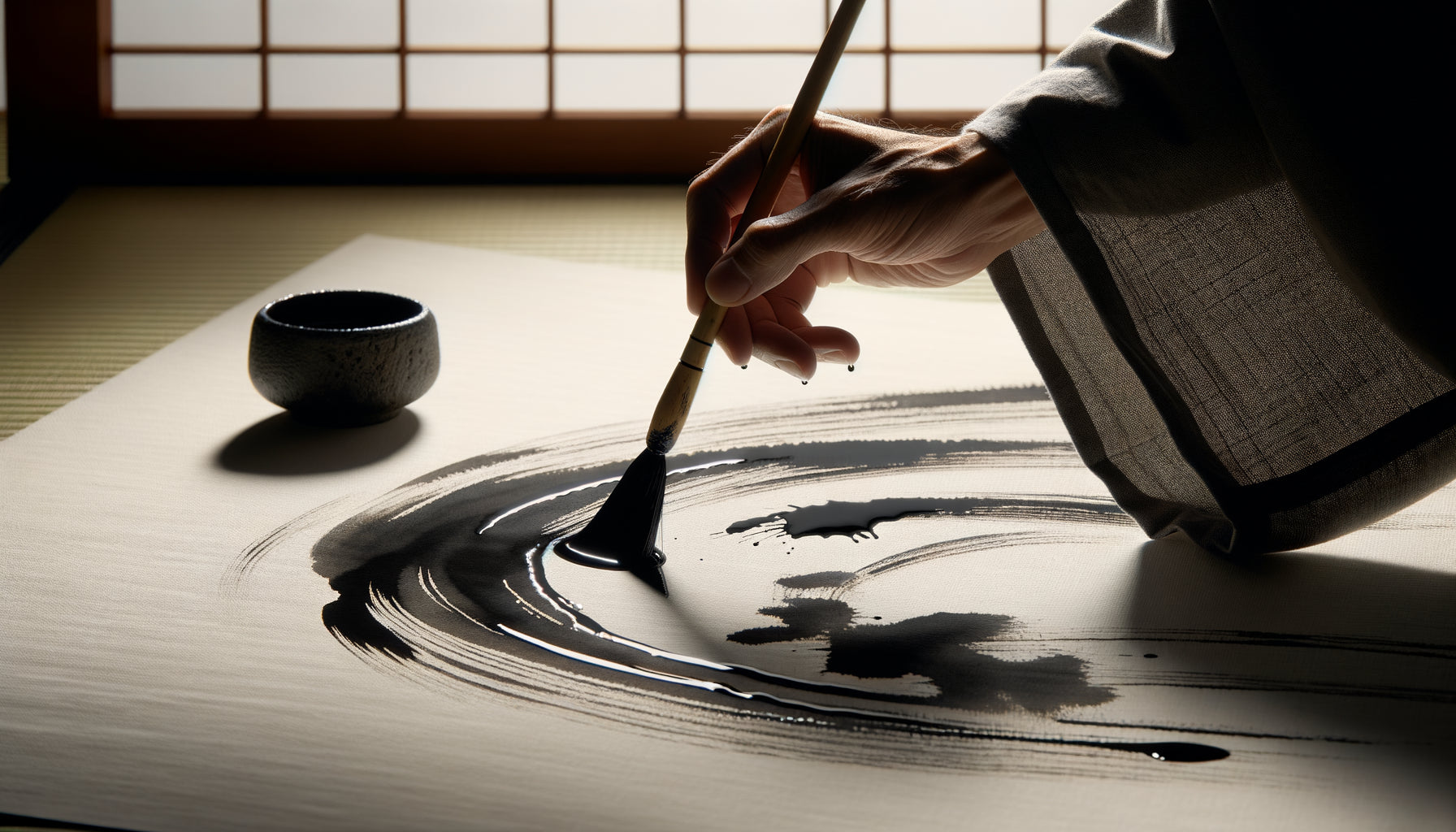 Peinture sumi-e japonaise en cours de création, geste calligraphique à l'encre noire sur papier blanc, esthétique zen minimaliste