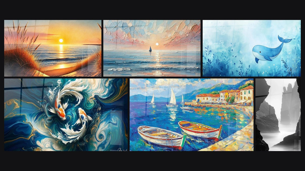 Mosaic of six paintings, including When the Day Falls Asleep, Twilight Journey and Koi Dance